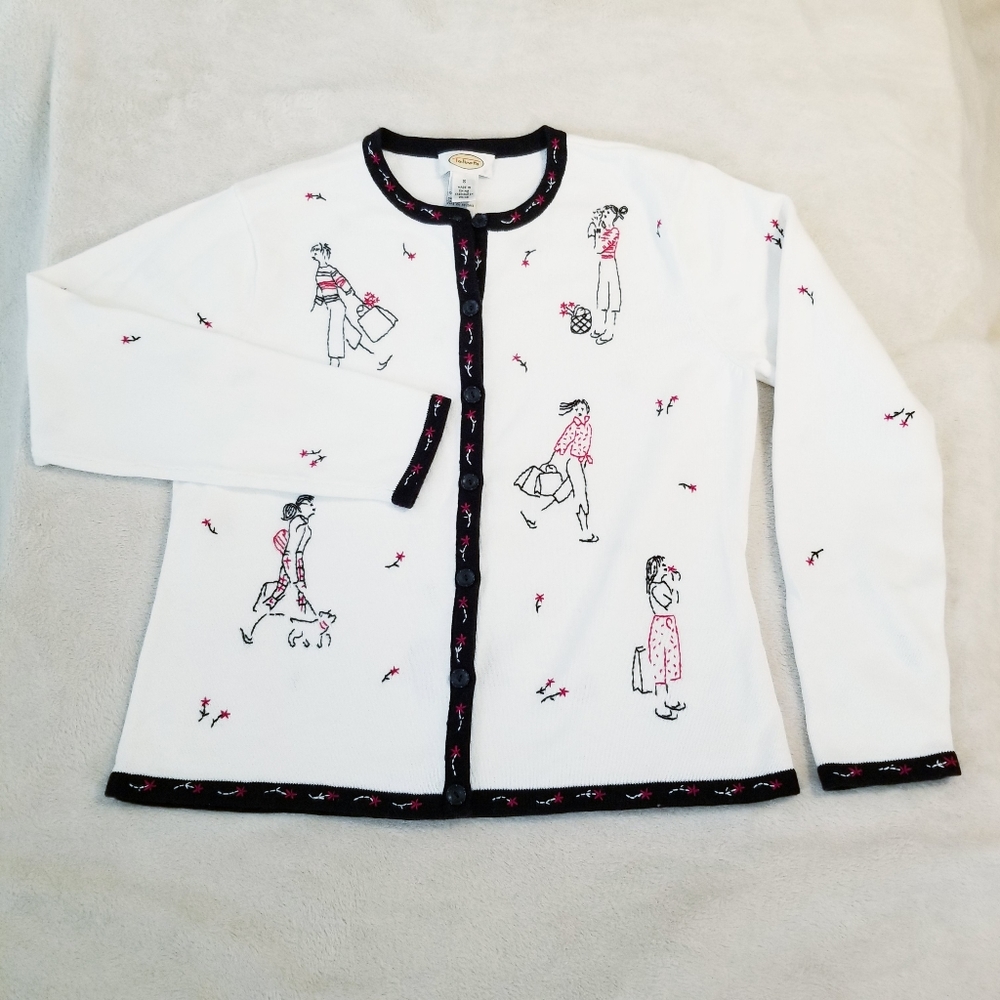 Talbots Embroidered Cardigan Sweater Woman & Dog Sz Small 100% Cotton Button Up
